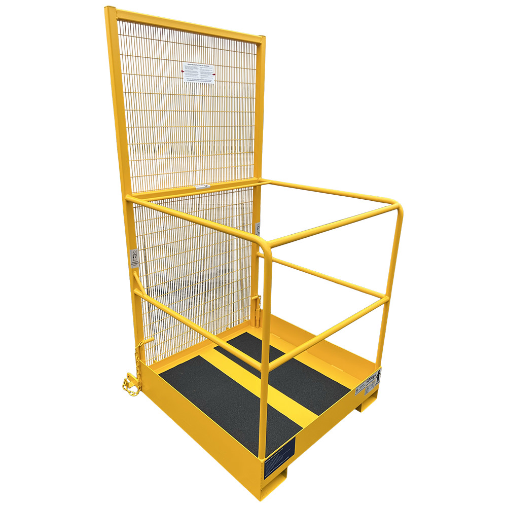 A yellow forklift raised access platform on a white background