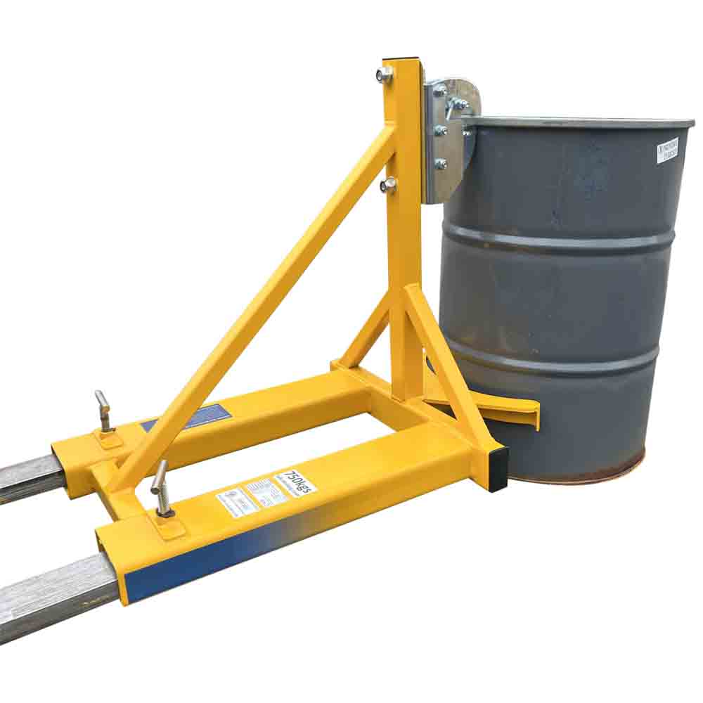 A single rim grip drum handler in yellow carrying a drum on a white background