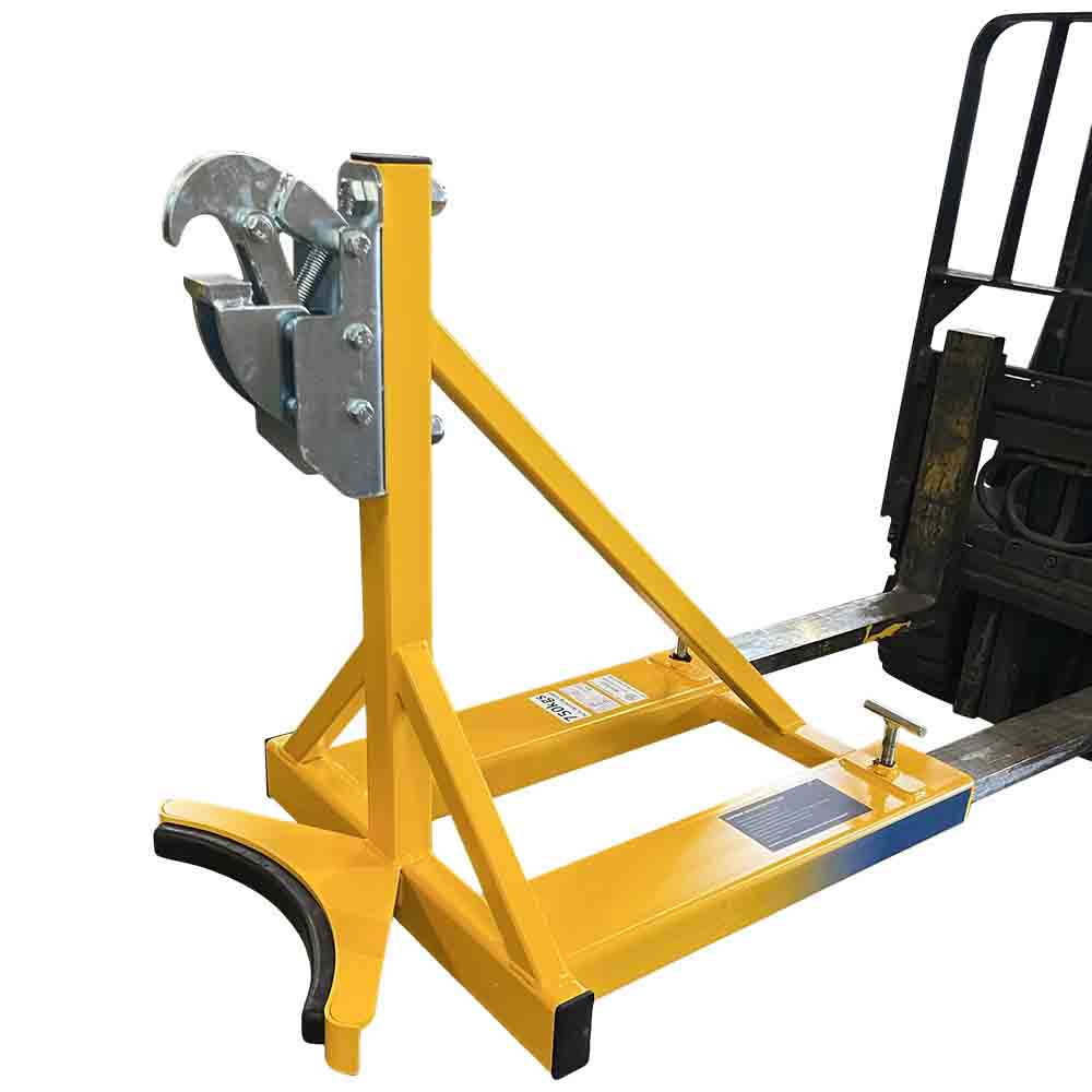 A single rim grip drum handler in yellow attached to a forklift on a white background