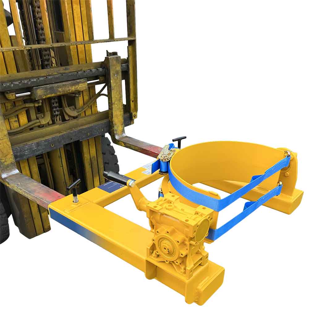 A Fork Mounted Drum Rotator with a crank handle attached to a forklift 