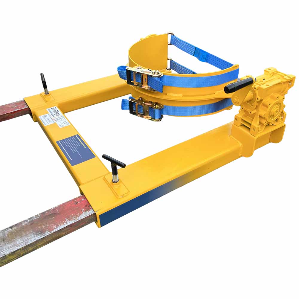 A Fork Mounted Drum Rotator with a crank handle against a white background