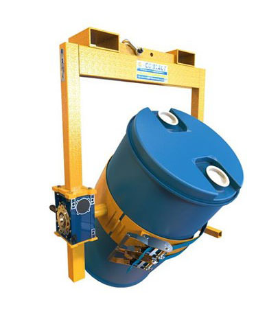 A yellow crane slung drum rotator with a crank handle carrying a drum on a white background