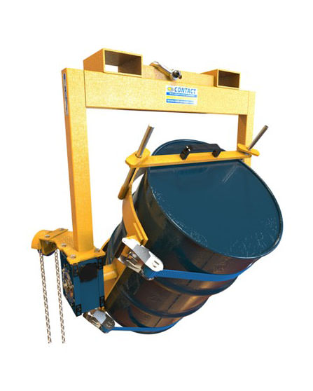 A yellow crane slung drum rotator with a loop chain carrying a drum on a white background