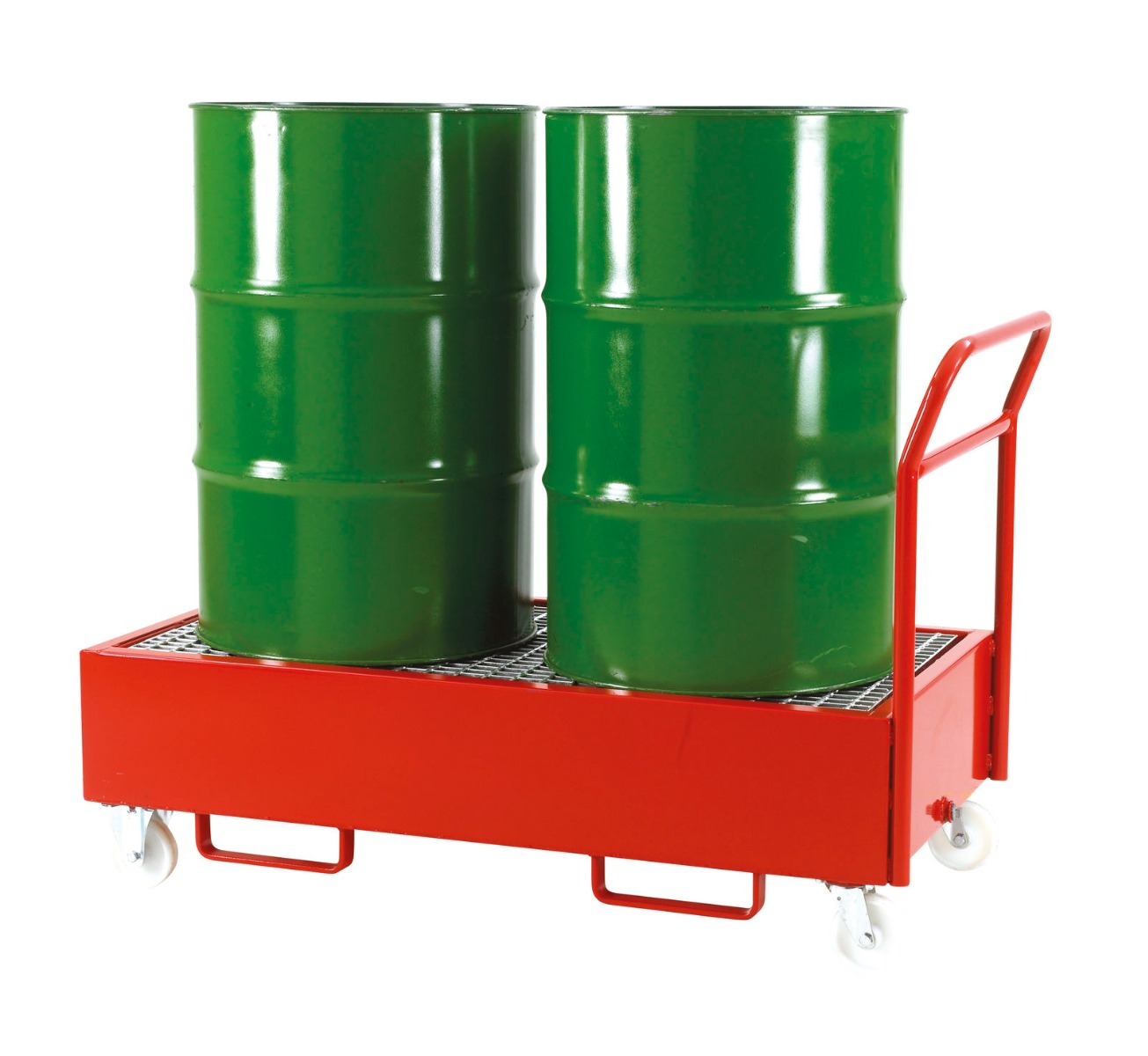 Mobile Drum Sump Trolley in red carrying two upright drums on a pallet