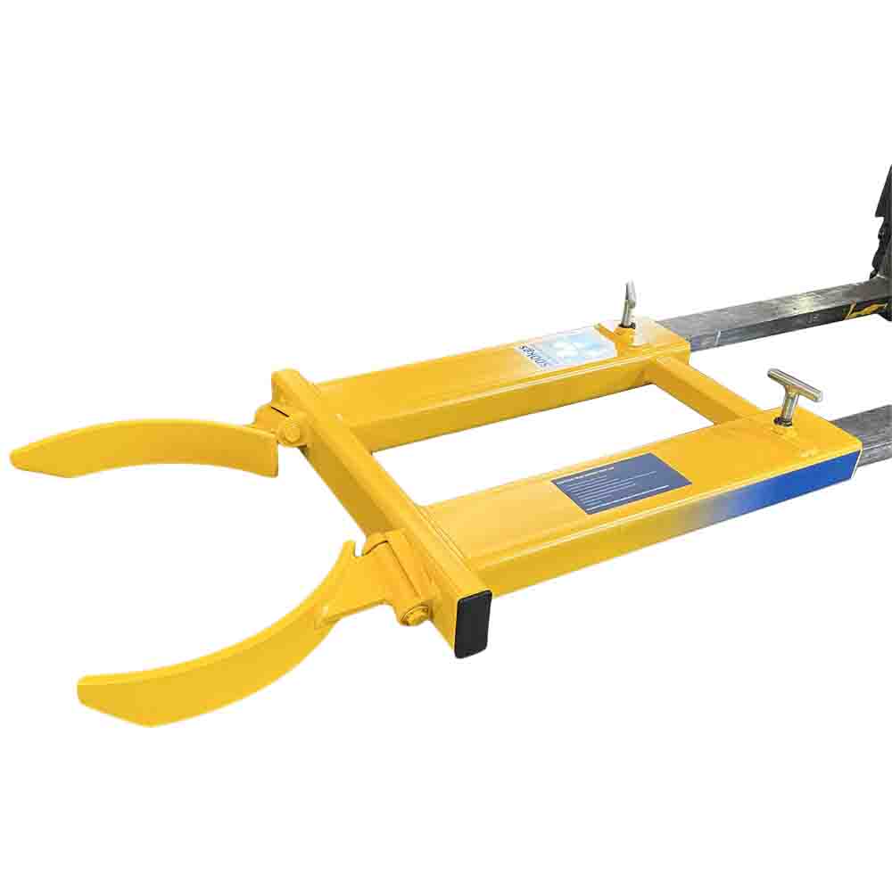 A single drum grab in yellow for carrying drums with a forklift.