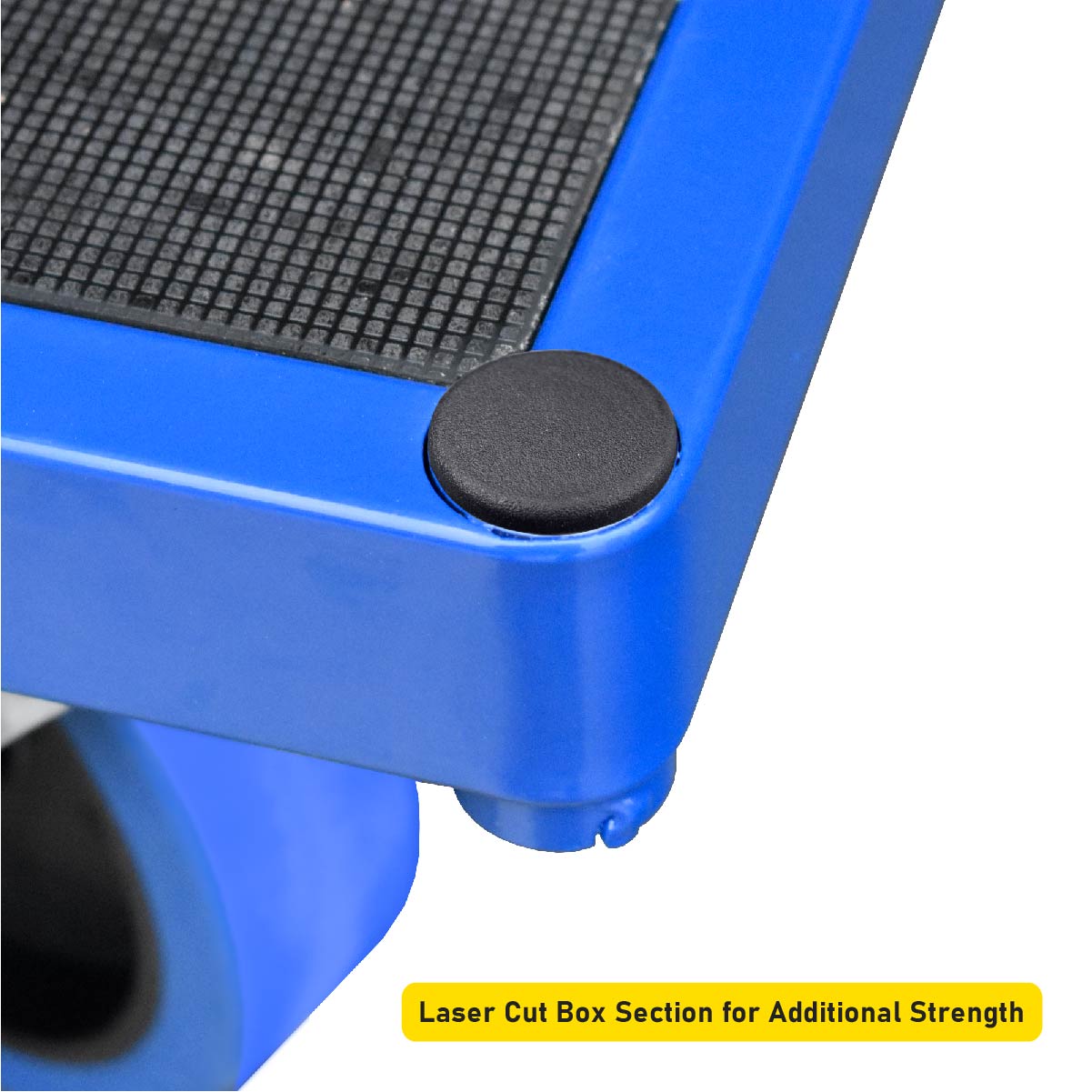 A close up view of the corner of a laser cut box section in blue with text overlaid that reads "Laser Cut Box Section for Additional Strength"