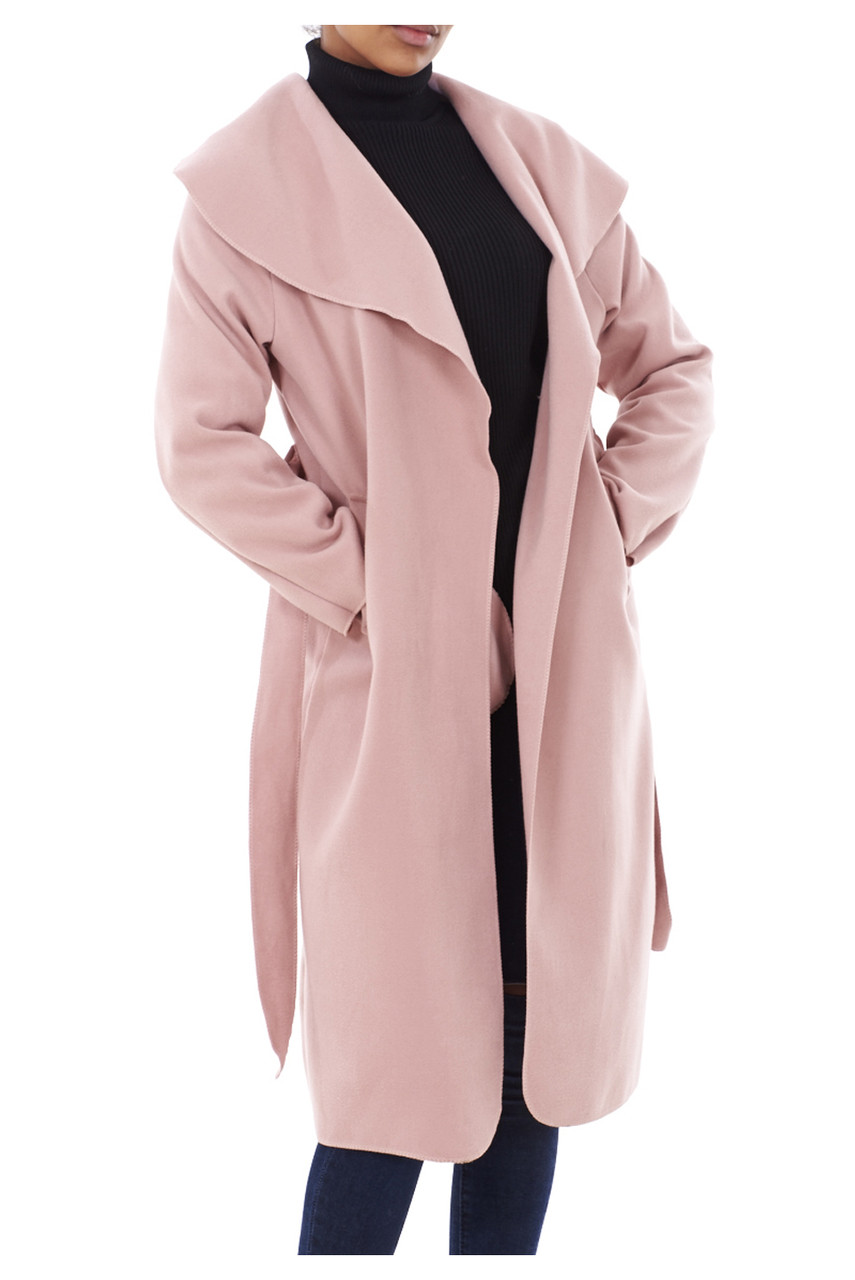 Italian Wool Trench Coat For Women – Waterfall Duster, Belted, Knee-Length With Beaded Accents