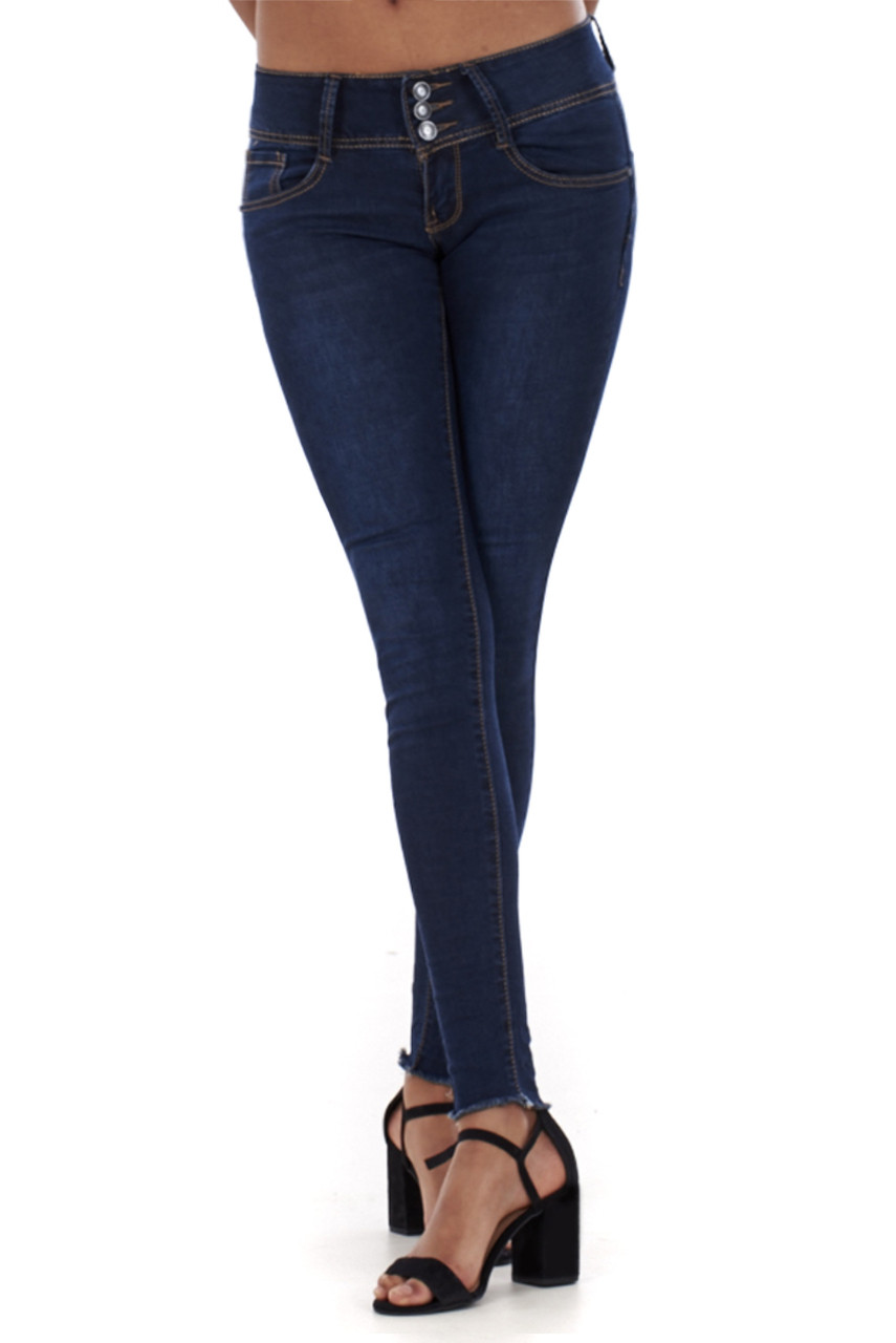 CHELSEA 3 BUTTON FRAYED HEM SKINNY JEANS