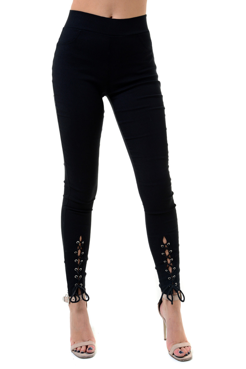 Black Lace Up Ankle Leggings