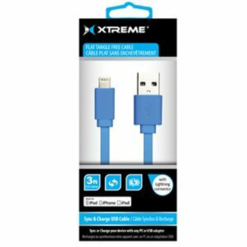 Xtreme Cables 3' USB to 8-Pin Lightning Flat Tangle Free Cable - Blue Xtreme Cables 3' USB to 8-Pin Lightning Flat Tangle Free Cable - Blue