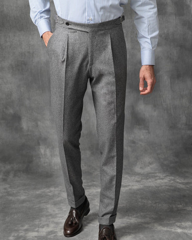 Dark Grey Single Pleat Flannel Trousers | New & Lingwood