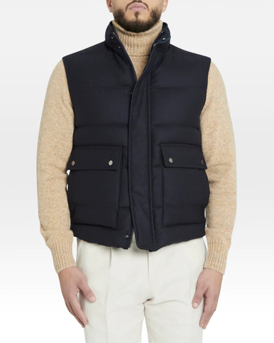 Navy Sleeveless Down Vest in a Loro Piana Storm System