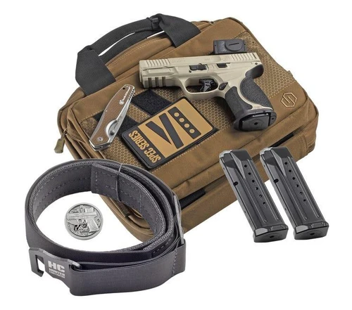 Smith and Wesson M&P9 M2.0 Metal Compact Champagne 9mm 4' Barrel 15-Rounds w/ Acro P-2, Bag, Belt, Knife