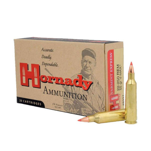 Hornady Varmint Express 22250 Remington 55gr V Max Rifle Ammo  20 Rounds