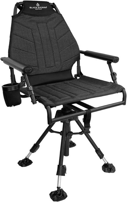 Black Sierra Silent 360 Swivel Hunting Chair with Steel Frame Supports 350 lbs, Heavy Duty Portable Ground Hunt Seat Features Detachable Armrests and Adjustable Legs
