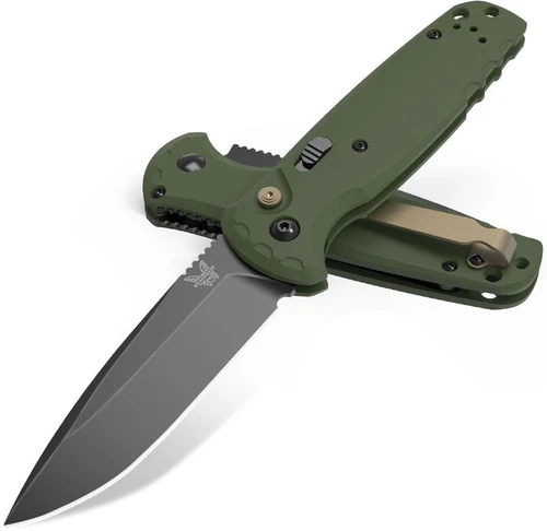 Benchmade 4300BK-02 CLA AUTO Folding Knife 3.4' CPM-MagnaCut Black DLC Battlewash Plain Blade, OD Green G10 Handles