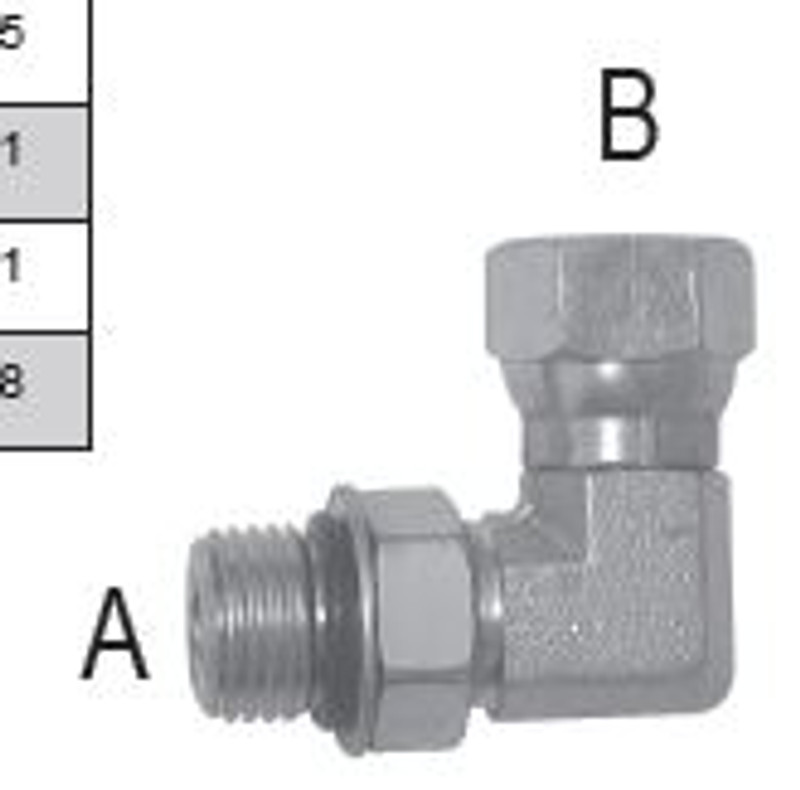 Male O-Ring to F Pipe Swivel 90 - 1 1/16- 12 A, 3/4-14 B