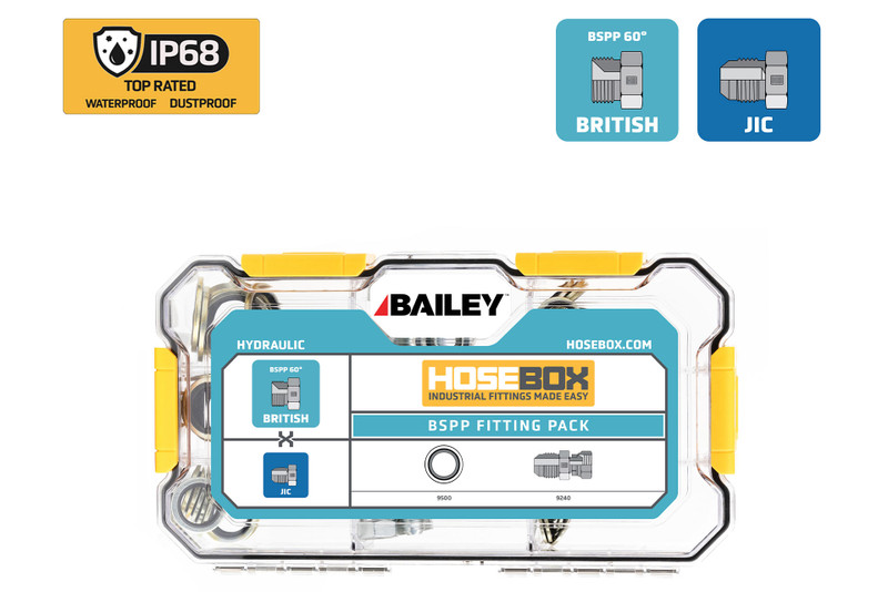 Hose Box, BSPP- Female JIC-BSPP Seals Fitting Pack, 10 Adapters, 60 Bonded Hydraulic Seals, Model #HB2023-001