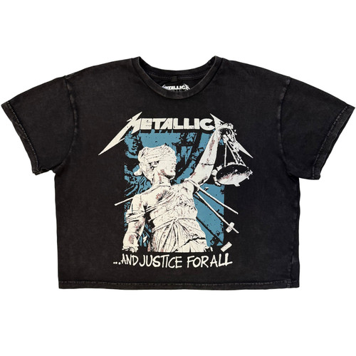 Metallica Women's Stone Wash Crop Top Shirt Justice Squares (Charcoal Grey)