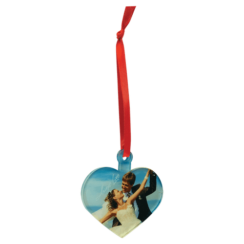 3" Heart Sublimatable Acrylic Ornament with Red Ribbon — supplier item before personalization