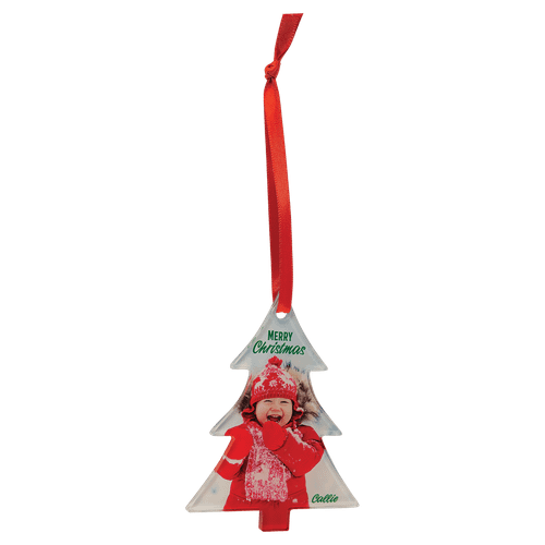 3" x 4" Tree Sublimatable Acrylic Ornament with Red Ribbon — supplier item before personalization