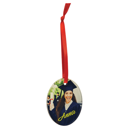 2 1/4" x 3" Oval Sublimatable Acrylic Ornament with Red Ribbon — supplier item before personalization