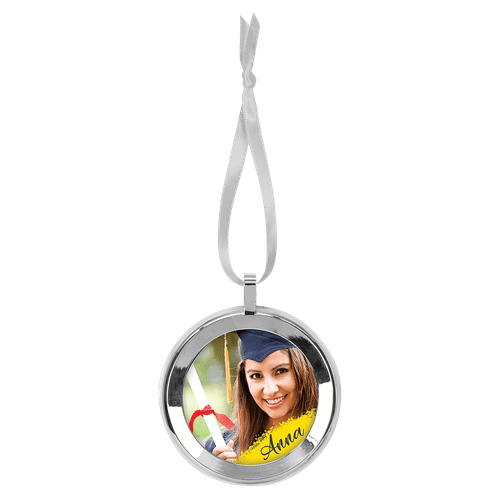 3" Diameter Silver Metal Ornament with White Ribbon — supplier item before personalization