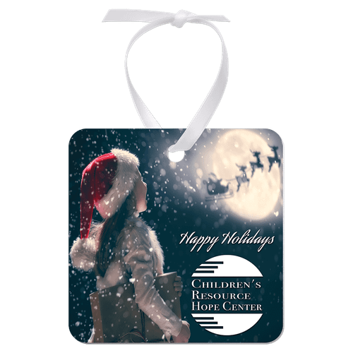 2.75"x 2.75" Gloss White Aluminum Square Ornament, 1-Side w/White Ribbon — supplier item before personalization