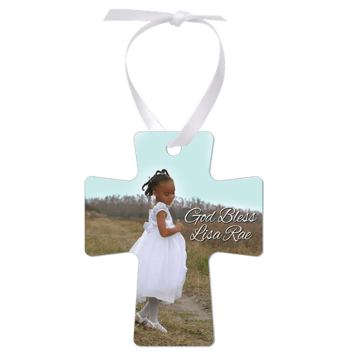 3" x 3.5" Gloss White Unisub Aluminum Cross Ornament, 2-Side w/White Ribbon — supplier item before personalization