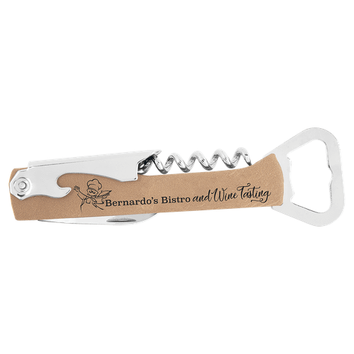 Light Brown Laserable Leatherette Wine Bottle Opener — supplier item before personalization