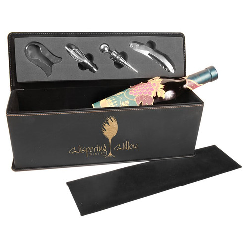 Black/Gold Laserable Leatherette Single Wine Box with Tools — supplier item before personalization