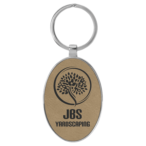 3" x 1 3/4" Laserable Leatherette/Metal Light Brown Oval Keychain — supplier item before personalization