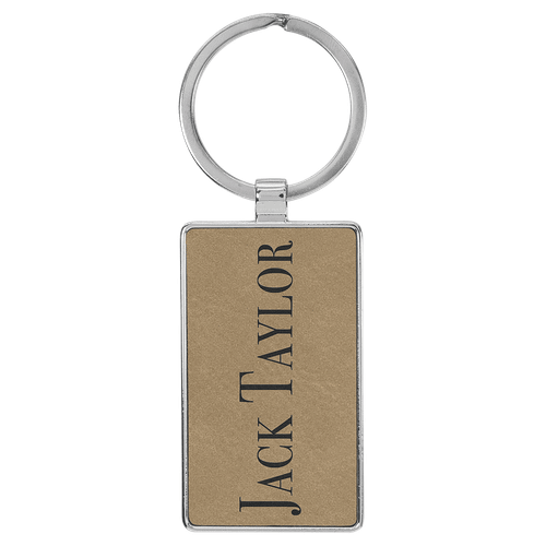 2 3/4" x 1 1/4" Laserable Leatherette/Metal Light Brown Rectangle Keychain — supplier item before personalization