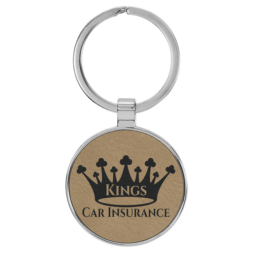 1 1/2" Laserable Leatherette/Metal Light Brown Round Keychain — supplier item before personalization