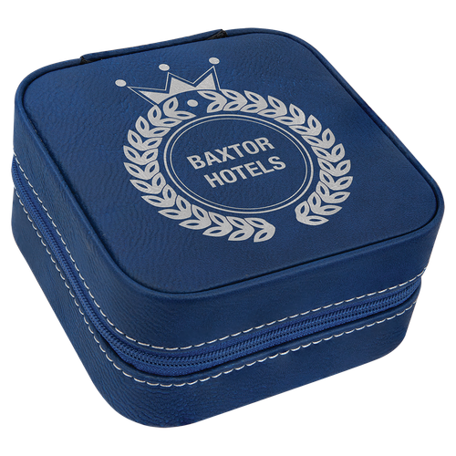4" X 4" Blue/Silver Leatherette Travel Jewelry Box with Tan Lining — supplier item before personalization