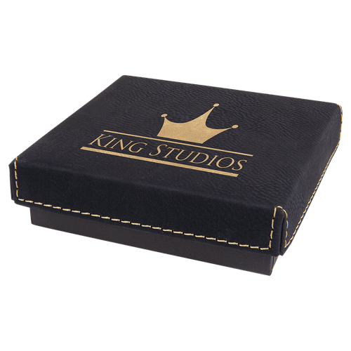4" x 4" Black/Gold Medal Box with Laserable Leatherette Lid — supplier item before personalization