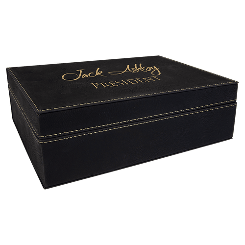 10 1/4" x 7 1/2" Black/Gold Laserable Leatherette Premium Gift Box — supplier item before personalization