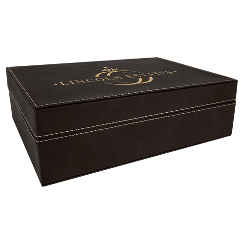 12 1/4" x  8 1/4" Black/Gold Laserable Leatherette Premium Gift Box — supplier item before personalization