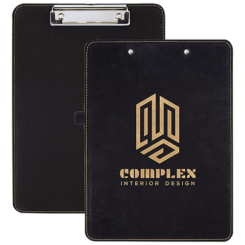 9" x 12 1/2" Black/Gold Laserable Leatherette Clipboard — supplier item before personalization