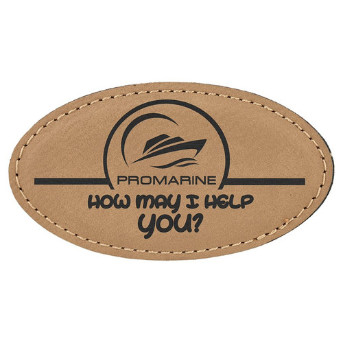 3 1/4" x 1 3/4" Light Brown Laserable Leatherette Oval Badge Blank with Magnet — supplier item before personalization