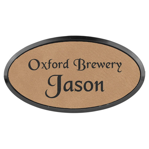 3" x 1 1/2" Light Brown Laserable Leatherette Oval Badge & Frame — supplier item before personalization