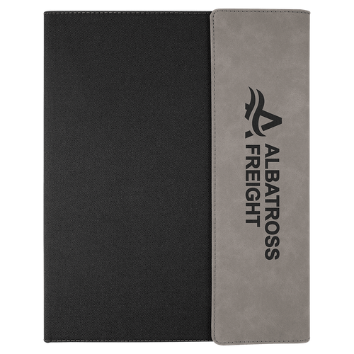 9 1/2" x 12" Gray Laserable Leatherette / Black Canvas Portfolio w / Notepad — supplier item before personalization