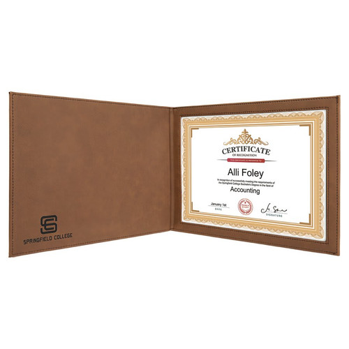 9" x 12" Dark Brown Laserable Leatherette Certificate Holder for 8 1/2" x 11" — supplier item before personalization