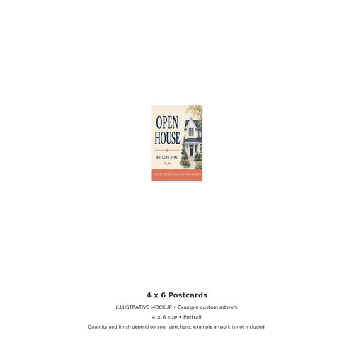 4 x 6 Postcards — illustrative front-view mockup; 4 × 6 size • Portrait. Quantity and finish depend on your selections; example artwork is not included.