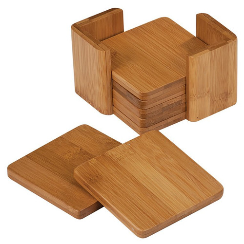 3 3/4" x 3 3/4" Bamboo Square 6-Coaster Set with Holder — supplier item before personalization