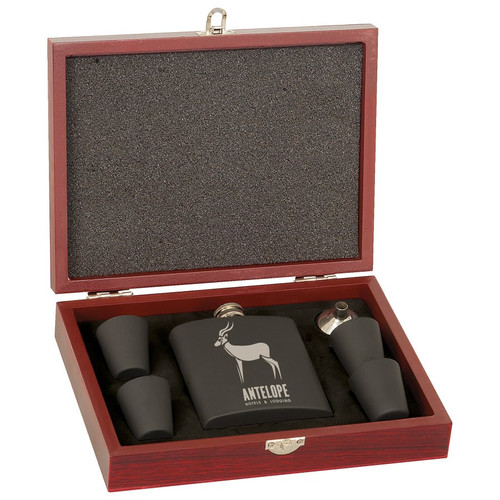 6 oz. Matte Black Laserable Stainless Steel Flask Set in Wood Presentation Box — supplier item before personalization
