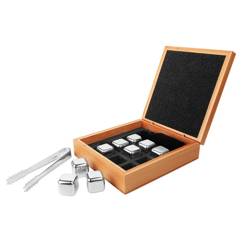 6 1/4" x 6 3/4" Stainless Steel Whiskey Stone Set in Bamboo Case — supplier item before personalization