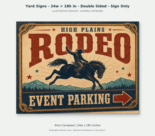 Yard Signs - 24w × 18h in - Double Sided - Sign Only — rodeo illustrative front mockup; fictional example artwork, not a finished-product photograph. 4mm Coroplast; 24w x 18h inches. Example artwork does not include mounting hardware.