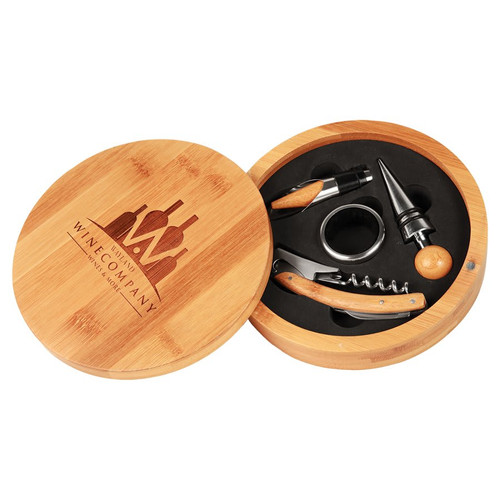 6 1/4" Round Bamboo 4-Piece Wine Tool Set — supplier item before personalization
