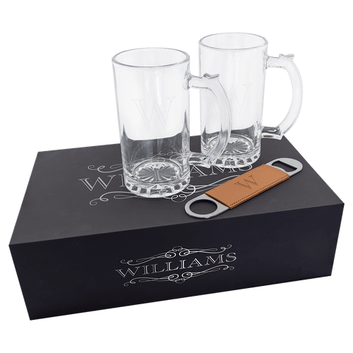 Lazerburst Beer Set with Two 14 oz. Mugs and One Rawhide Laserable Leatherette Bottle Opener — supplier item before personalization